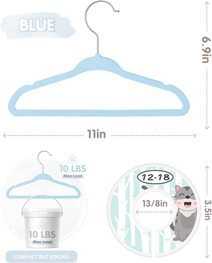 VIS'V Baby Hangers, 11 Inch Velvet Kids Hangers with 6 Pcs Clothes Size Dividers, Infant Toddler Nursery Closet Organization,