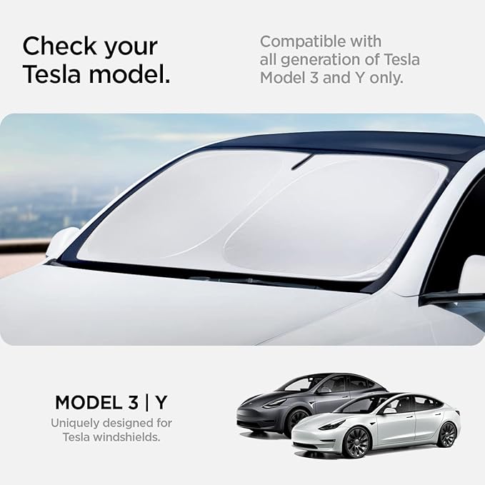 Spigen Front Windshield Sunshade for All Tesla Model Y & 3 | Dual Layered Protection Car Accessories for Model Y Juniper and Model 3 Highland | Gift for Tesla Owner