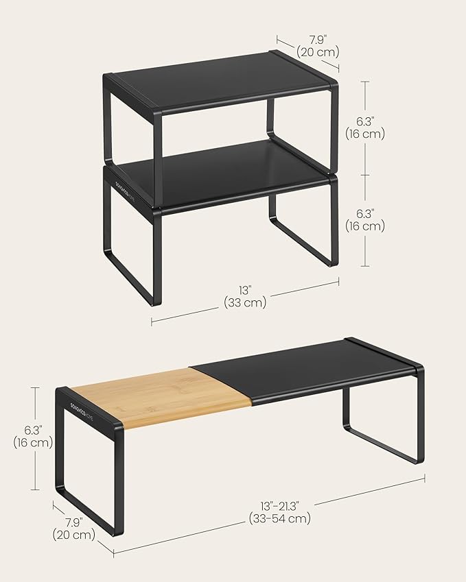 SONGMICS HOME Spice Racks, Expandable Cupboard Shelf Orgnizers, Kitchen Counter Shelves, Bamboo and Metal, Space-Saving Shelv