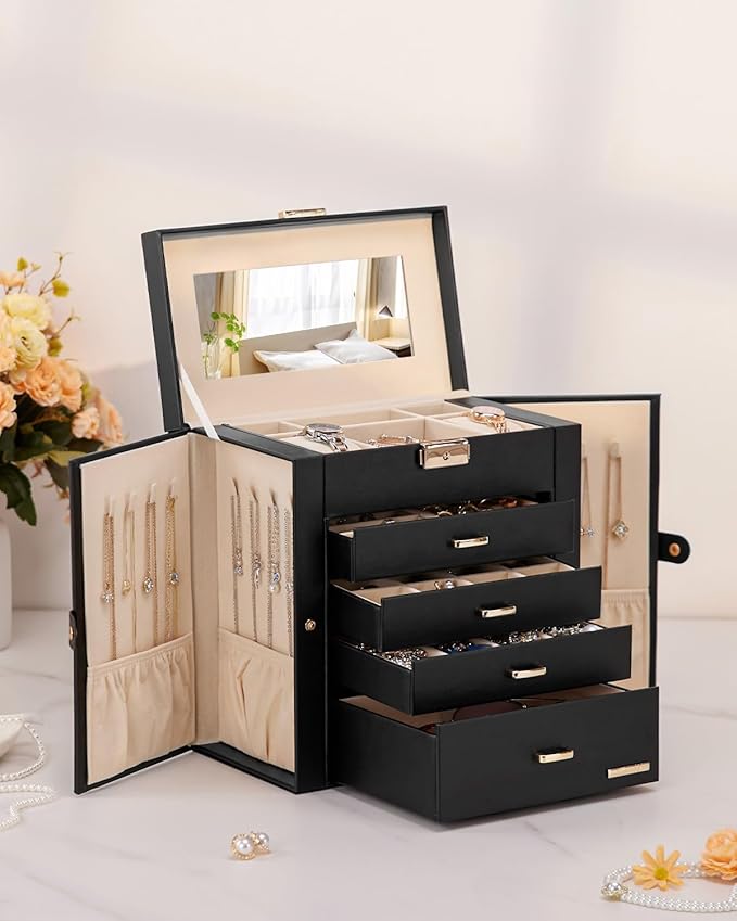 Homde Synthetic Leather Huge Jewelry Box Mirrored Watch Organizer Necklace Ring Earring Storage Lockable Gift Case (Black + G
