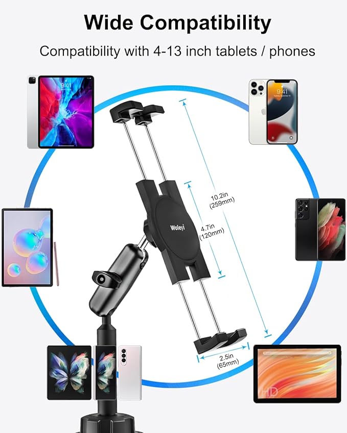 woleyi Cup Holder Tablet Holder for Car Mount - [Metal Arm] Heavy Duty Adjustable Car Cup Tablet Mount Truck Car Accessories, for 4-13" Tablets iPad Pro Air Mini, Galaxy Fold, Kindle Fire, iPhone