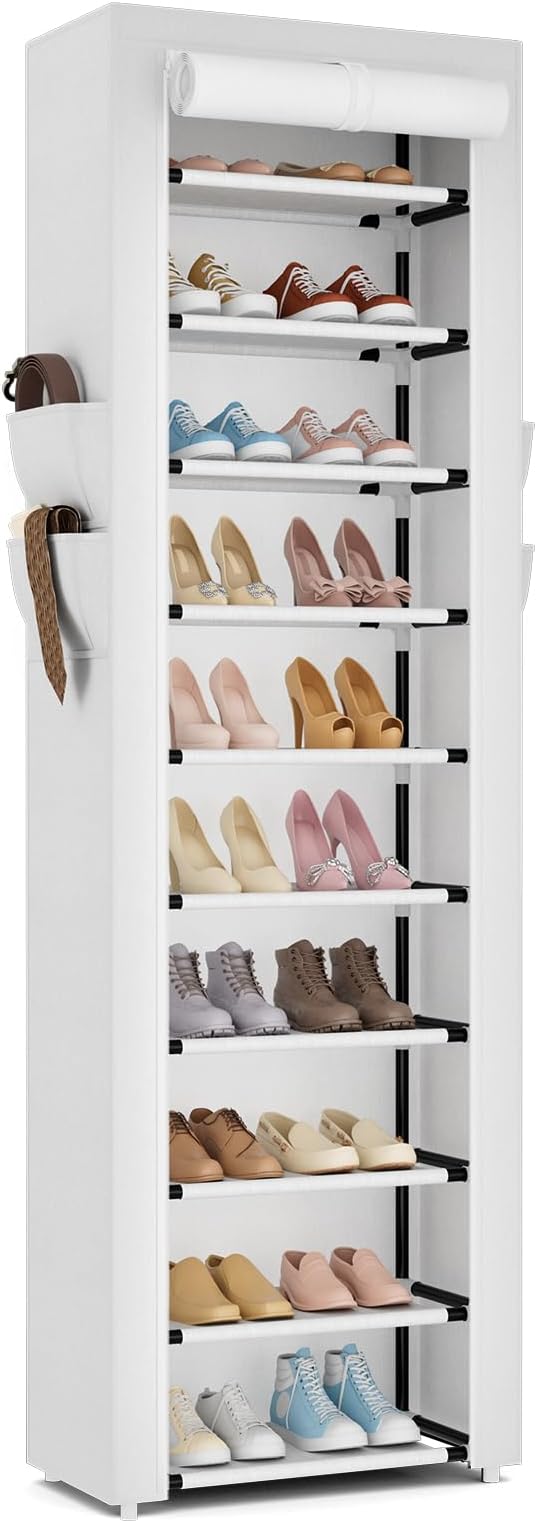 ROJASOP Shoe Rack with Covers 10 Tier Large Shoe Organizer Tall Shoe Closet Storage for 20-22 Pairs Shoe and Boot, Free Stand