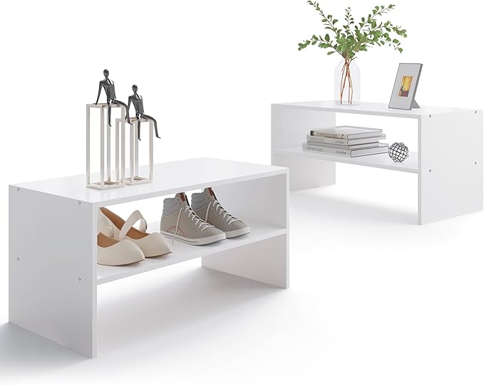 2-Tier Stackable White Shoe Rack, Wooden 2-Shelf Shoe Organizer Freestanding Shoe Storage Stand for 6-9 Pairs, Perfect for Cl