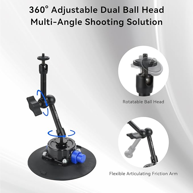 UTEBIT 6" Suction Cup Camera Mount with Ball Head Magic Arm, Metal Suction Cup Mount on Car Windshield Dash for Camera/Phone Holder, 1/4" Screw Action Camera Mount for DJI Action 5 Pro/4, Insta360 x5