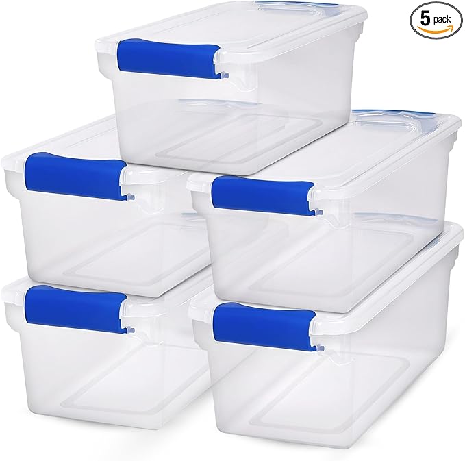 HOMZ 5-Pack Latching Lid, Clear Plastic Storage Organizer Bins, 7.5 Quart, Blue Latch - Stackable Organizing Containers for H