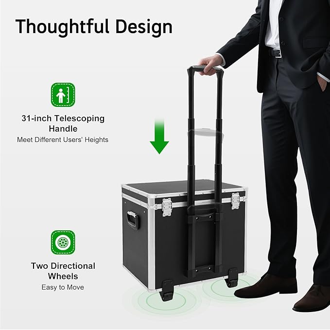 Locking File Storage Box with Telescopic Handle & Wheels - Aluminum Alloy Portable Document Case, Dual Password Security for 