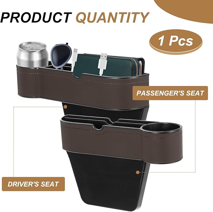 HARFINGTON Car Seat Gap Filler Organizer 10.6 x 7.1 x 2.8 Inch ABS+Leather Universal Car Organizer Storage Box Between Seat and Console (Right) with Cup Holders for Phone Keys, Brown
