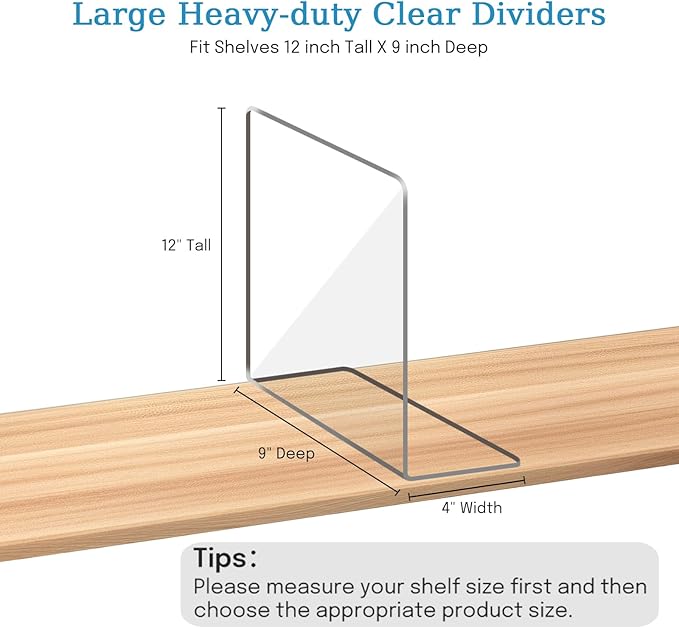OKPOW Shelf Dividers Closet Organizer - 12" Tall X 9" Deep Acrylic Clear Sturdy Separate for Clothes Purse - Adjustable Space