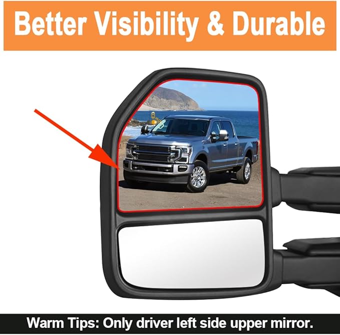 Senzeal Driver Side Heated Mirror Glass with Blind Spot Detection BLIS for Ford F150 2015-2020 Ford F250 F350 F450 F550 2017-2022 Upper Tow Mirror (Left Side)