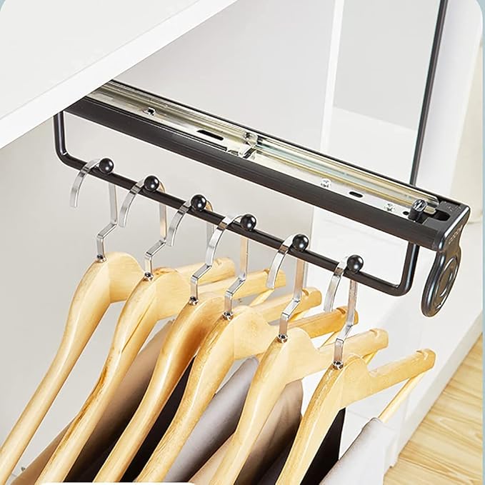 Pull Out Closet Hanger 25-44Cm Metal Sliding Clothes Rail,Extendable Clothing Storage Rack for Wardrobe Space Saving,Black Ma