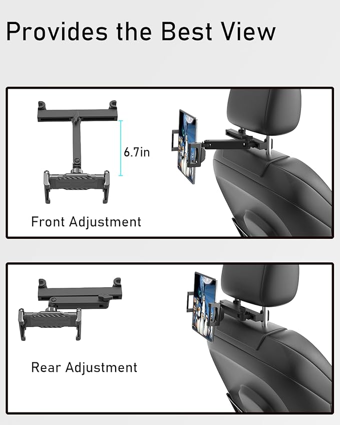 Car Headrest Tablet Holder - [3 in 1 Adjustable Extension Arm] Tablet Car Mount for Back Seat, Road Trip Essentials for Kids, for iPad Pro Air Mini, Galaxy Tab, iPhone, 6-15.6" Devices