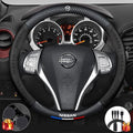 Customized Steering Wheel Cover Compatible with Nissan, Nappa Leather & Carbon Fiber Design Car Steering Wheel Cover, with Coasters and 3-in-1 USB Fast Charging Cable (Black)