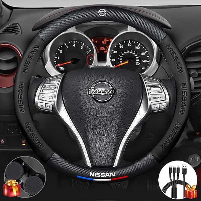 Customized Steering Wheel Cover Compatible with Nissan, Nappa Leather & Carbon Fiber Design Car Steering Wheel Cover, with Coasters and 3-in-1 USB Fast Charging Cable (Black)