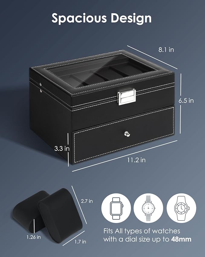Watch Case for Men, 20-Slot 2-Layer Watch Box with Large Glass Lid, Watch Storage Organizer with Removable Watch Pillows, Men