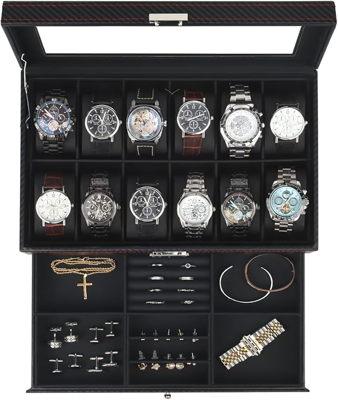 Kukikan Watch Box Jewelry Organizer, 12-Slot 2-Layer Watch Case Storage with Large Glass Lid, Watch Storage Case for Men with
