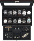 Kukikan Watch Box Jewelry Organizer, 12-Slot 2-Layer Watch Case Storage with Large Glass Lid, Watch Storage Case for Men with