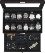 Kukikan Watch Box Jewelry Organizer, 12-Slot 2-Layer Watch Case Storage with Large Glass Lid, Watch Storage Case for Men with