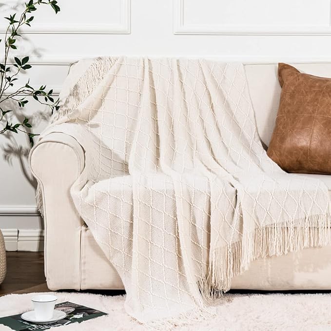 BATTILO HOME Large Cream Throw Blanket with Fringe, End of Bed Throw Blankets White,Spring Throw Blanket for Couch Sofa Indoo