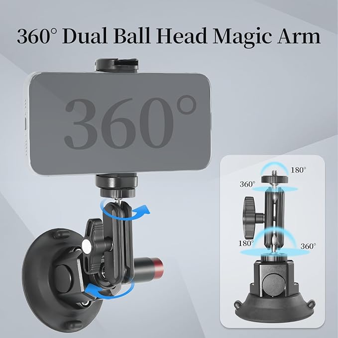 CNC Machined 3in Camera Suction Cup Mount with Adjustable Magic Arm, 1/4" ARRI Holes Quick Release Car Mount with Phone Holder & Action Camera Adapter Compatible with DJI OSMO Pocket 3 Insta360 iPhone