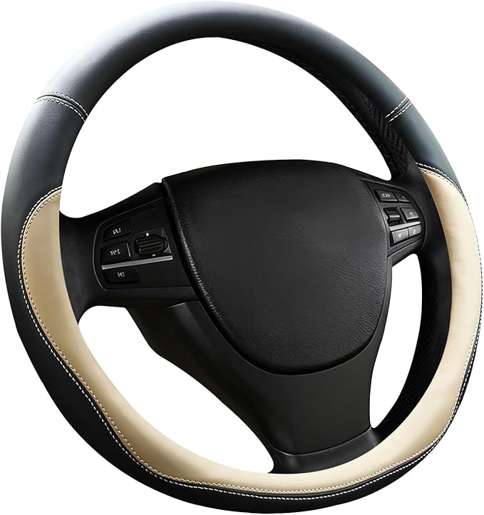 Beige Car Steering Wheel Cover, Nappa Leather, Bottom Color Blocking, Universal 14.5-15 Inch Leather Anti-Slip Breathable Aut