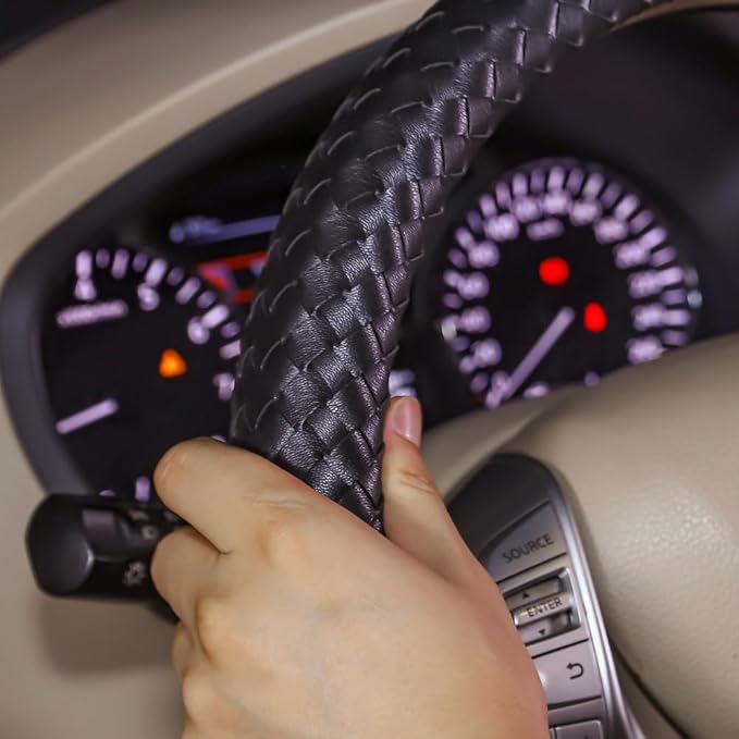 Carwales Car Leather Steering Wheel Cover Men Luxury Black Hand-Made Wrap Hand Woven Universal 14.5-15 Inch