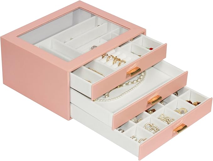 Jewelry Box Organizer with 3 Drawers,Glass Lid Jewelry Boxes for Women,Jewelry Storage for Rings,Necklaces,Earrings,Bracelets