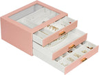 Jewelry Box Organizer with 3 Drawers,Glass Lid Jewelry Boxes for Women,Jewelry Storage for Rings,Necklaces,Earrings,Bracelets