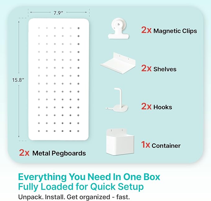 Upgraded Metal Pegboard Wall Organizer Kit – Magnetic, Heavy-Duty Peg Board with Shelves, Hooks & Clips – Wall Mount Storage 