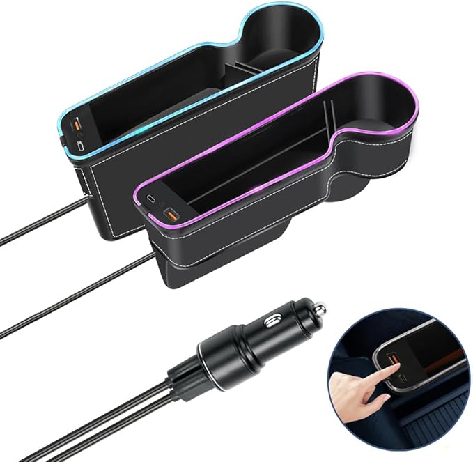7 Color Led Car Seat Gap Organizer Car Seat Pocket Gap Filler with USB+C Charger,2 Pack Car Seat Gap Storage Console Side Gap Filler with Cigarette Lighter 2026 Fast Charger Seat Gap Filler (Black)