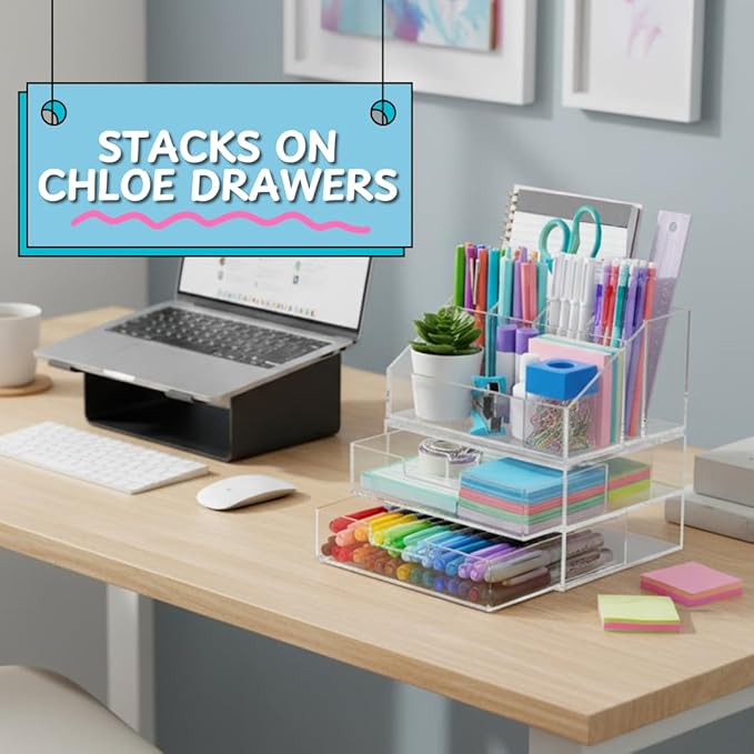 STORi Chloe Clear Plastic Stackable Desk Organizer, Rectangular 6-Compartment Office Supply Holder for Pens, Markers & Notepa