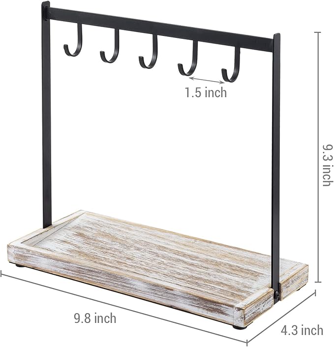 MyGift Black Metal Entryway Key Holder with 5 Hooks and Shabby Whitewashed Wood Base, Tabletop Necklace and Jewelry Organizer
