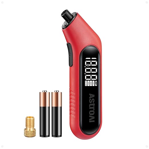 AstroAI Digital Tire Pressure Gauge 3-300PSI Calibrated to ANSI B40.7 Grade 2A (0.5%), Backlight and Flashlight, Presta Valve Adaptor Included, 4 Units, AAA Batteries, Red