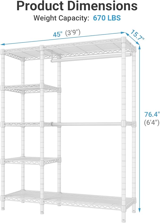 VIPEK V7 Garment Racks for Hanging Clothes Heavy Duty Clothes Rack with Shelves, Portable Closet Rack Metal Clothing Racks 5 