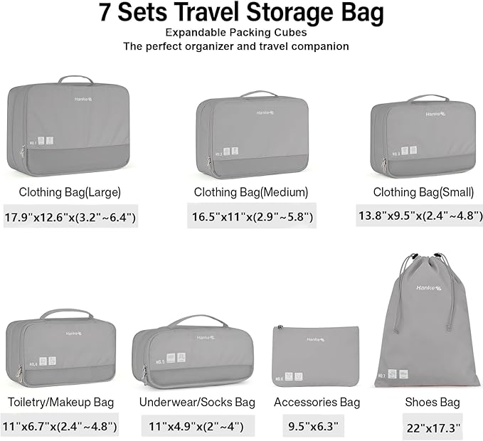 Hanke 7 Set Compression Packing Cubes for Travel, Expandable Large Packing Cubes for Suitcases and Backpack, Luggage Packing 
