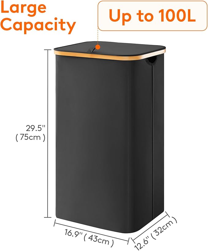 Lifewit 100L Laundry Basket with Lid, Clothes Hampers for Laundry with Bamboo Handles and 1 Removable Bag, Large Foldable Lau