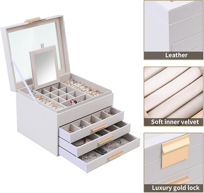 BOOVO Clear Lid Jewelry Box,4 Layers Jewelry Organizer Large Jewelry Storage Box with 3 Drawers,Jewelry Holder Organzier of R