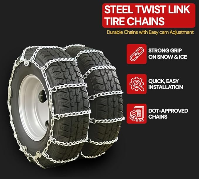 Mytee Products Truck Tire Chain Kit – (Set of 2) CAM Square Link Dual Snow Tire Chain for 24.5" Tires, 14" Tire Chain Wrench 