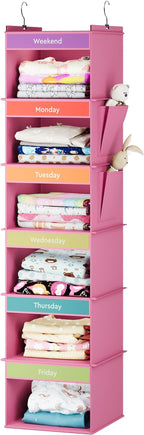 YOUDENOVA 6-Shelf Weekly Hanging Closet Organizer, Weekly Clothes Organizers for Kids with 2 Side Pockets, Pink