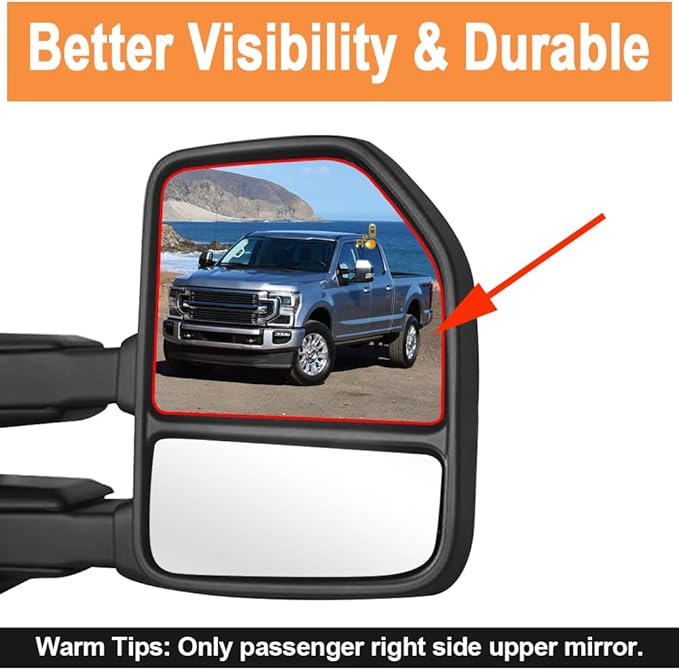 Senzeal Passenger Side Heated Mirror Glass with Blind Spot Detection BLIS for Ford F150 2015-2020 Ford F250 F350 F450 F550 2017-2022 Upper Tow Mirror (Right Side)