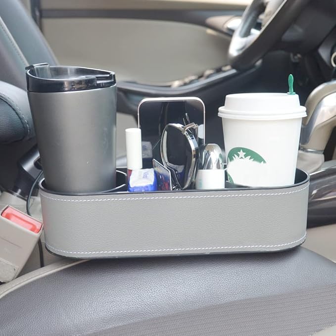 Car Cup Holder Expander Organizer,Multifunctional Cup Drink Holders with PU Leather Cover,Side Insert Center Console Seat Gap Filler Storage Box for Mug Bottle CellPhones Coffee Coasters Cards