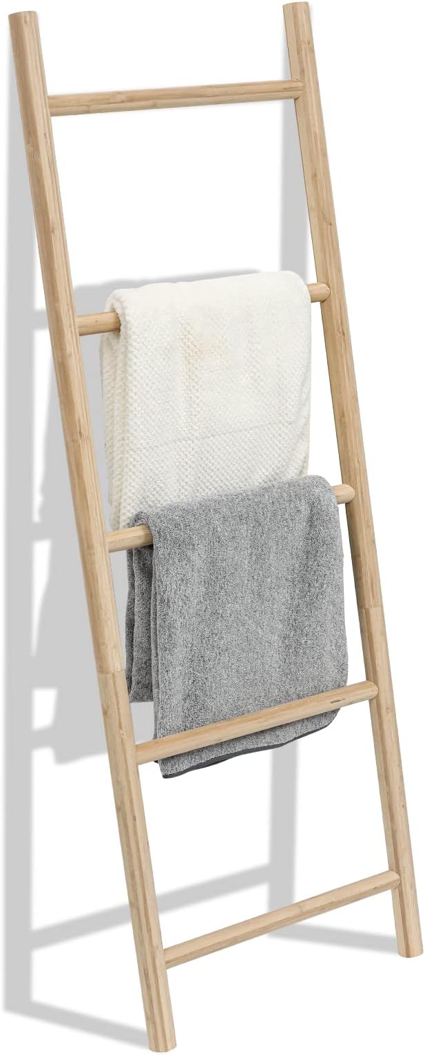 FUIN Fully Assembled 57in Bamboo Blanket Ladders Living Room Wood Decorative Wall Leaning Farmhouse Quilt Display Holder Rust