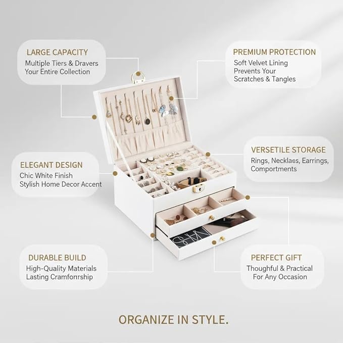 3 Layer Jewelry Box, Jewelry Holder Organizer with Jewelry Organizer Drawer, Large Jewelry Boxes & Organizer with Velvet Earr