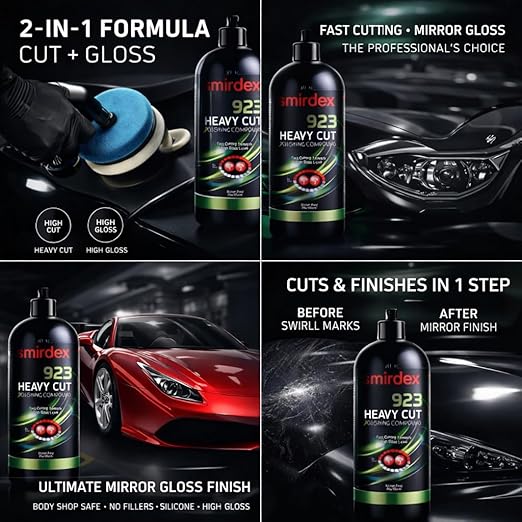 923 Heavy Cut Polishing Compound – Fast Cut & High Gloss Finish for Automotive Clear Coats – Silicone-Free, Water-Based, 1kg Bottle – Removes P1500+ Scratches & Restores Shine