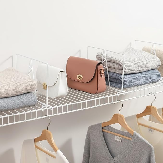 Wire Shelf Dividers - White Closet Organization & Storage Organizer - No Tool Shelf Divider for Wire Shelves - Metal Shelf Ac