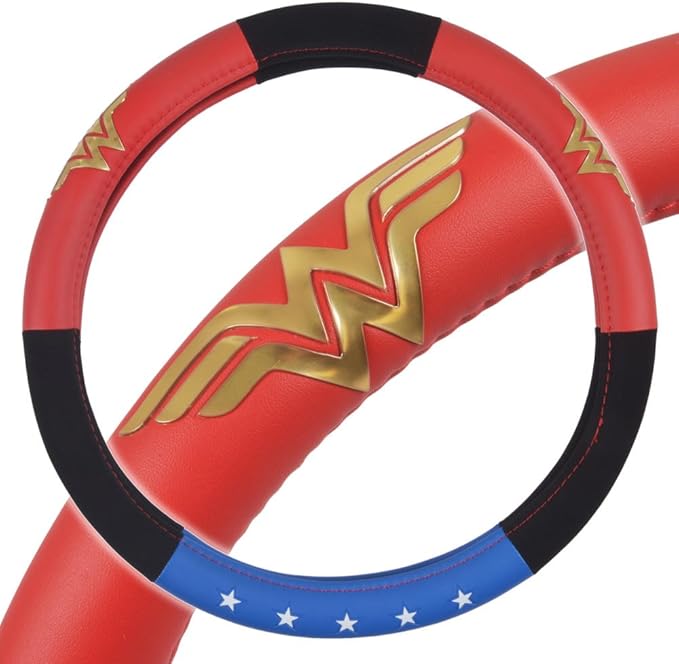 BDK Warner Bros DC Comics Wonder Woman Steering Wheel Cover - Car Accessories for Women, Superhero Heroine Gift Ideas, Original Red White Blue WonderWoman Logo, Universal Standard Fit 14.5-15.5 Inches