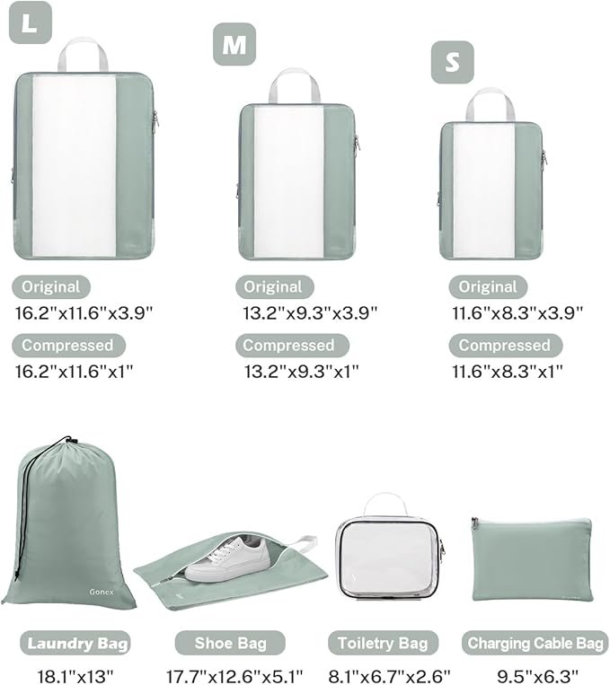 Gonex 8 Set Compression Packing Cubes for Travel Essentials, Expandable Mesh Organizer with Toiletry, Laundry, Shoe, Cable Ba