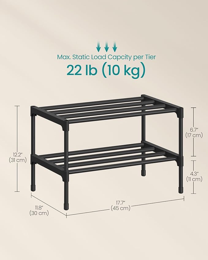 SONGMICS 2-Tier Shoe Rack for Closet, Compact Metal Shoe Organizer Shelf for Entryway, Bedroom, Small Spaces, Stackable, 11.8