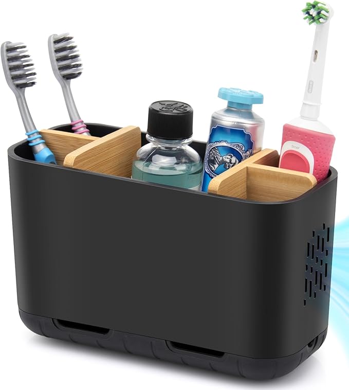 GFWARE Black Toothbrush Holder, Bamboo Toothbrush and Toothpaste Holder with Drainage, Electric Kids Matte Black Toothbrush H