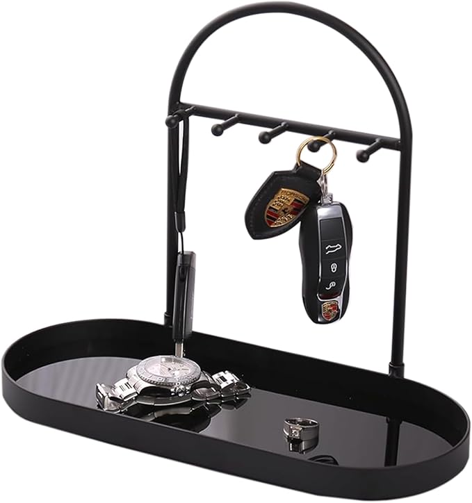 Shinpuru Metal Jewelry Organizer Stand & Key Holder Tray with Acrylic Base, Key Stand and Jewelry Tray with 5 Hooks, Perfect 