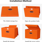 Linen Fabric Foldable Collapsible Storage Cube Bin Organizer Basket Fabric Storage Bins with Lid, Leather Handles, Removable 